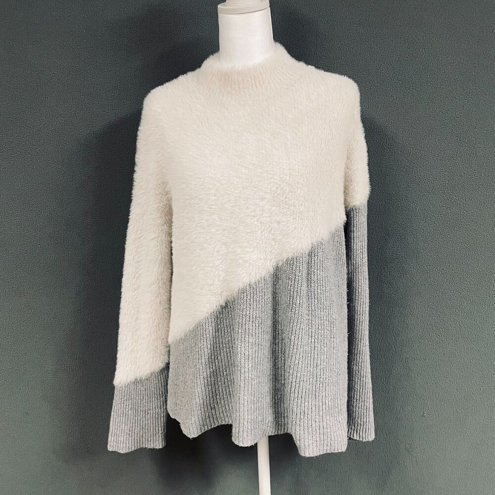 Vince Camuto Womens Fuzzy Sweater Medium Color Block Cozy Comfy Career